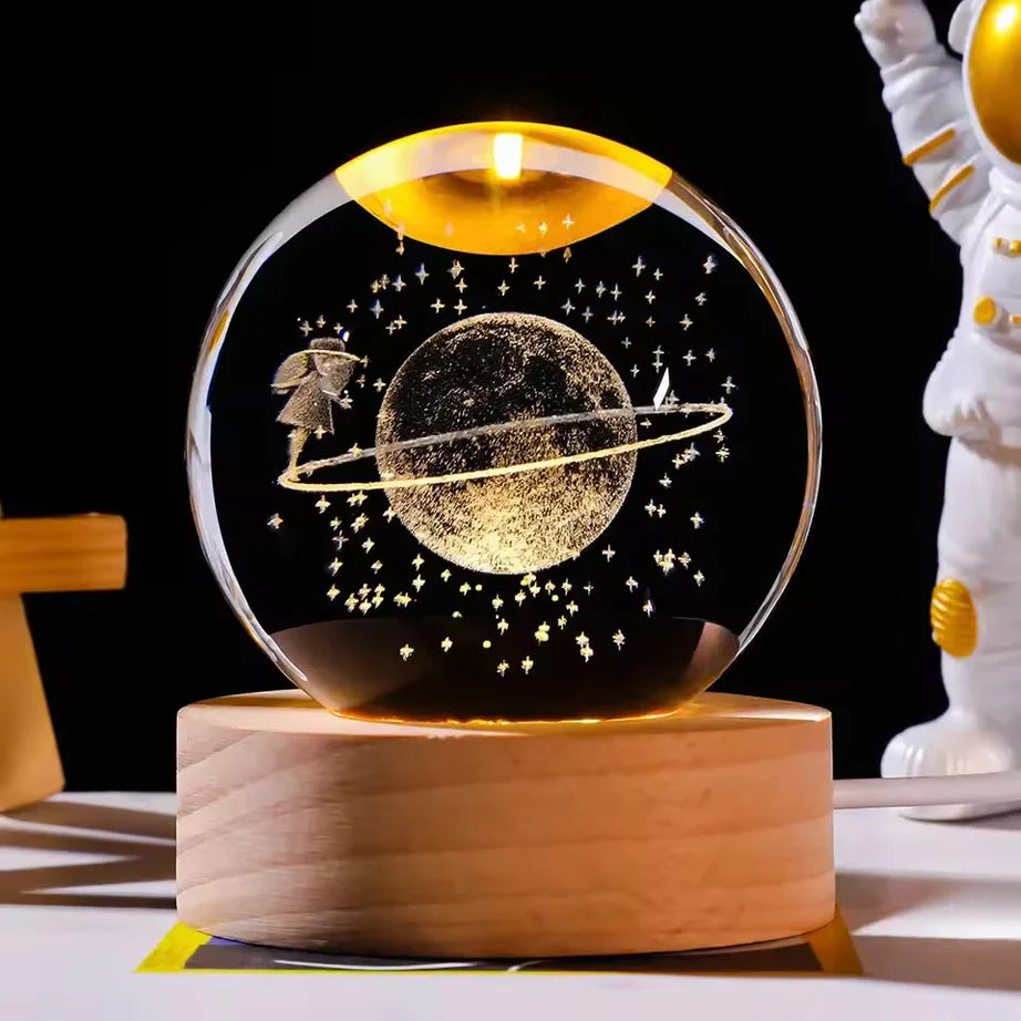 3D Galaxy Crystal Ball LED Night Light with Wooden Base