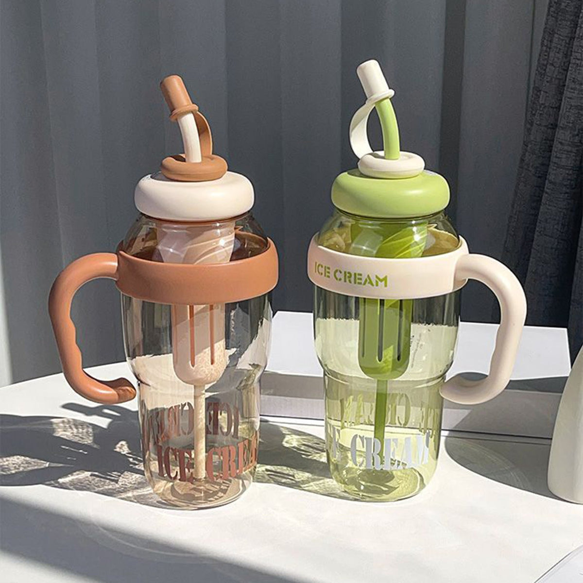 Ice Cream Water Bottle with Straw & Handle BPA-Free Leakproof Tumbler