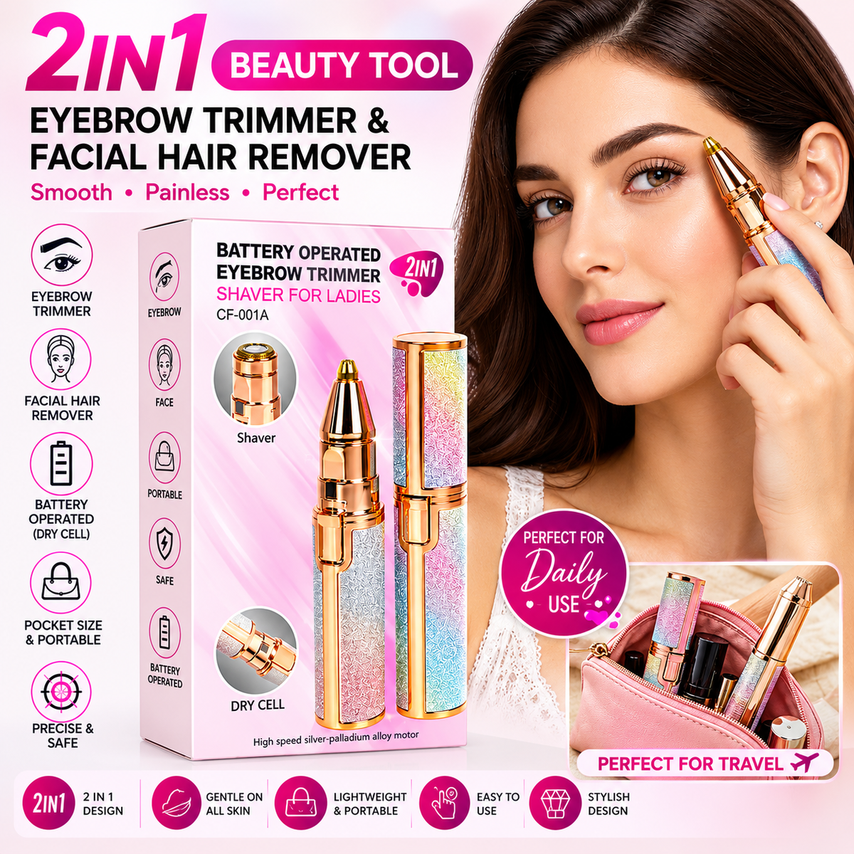2-in-1 Battery-Operated Eyebrow Trimmer &amp; Facial Hair Remover for Women – CF-001A