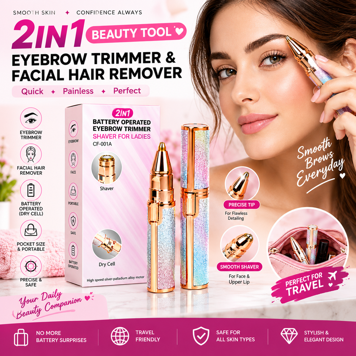 2-in-1 Battery-Operated Eyebrow Trimmer &amp; Facial Hair Remover for Women – CF-001A