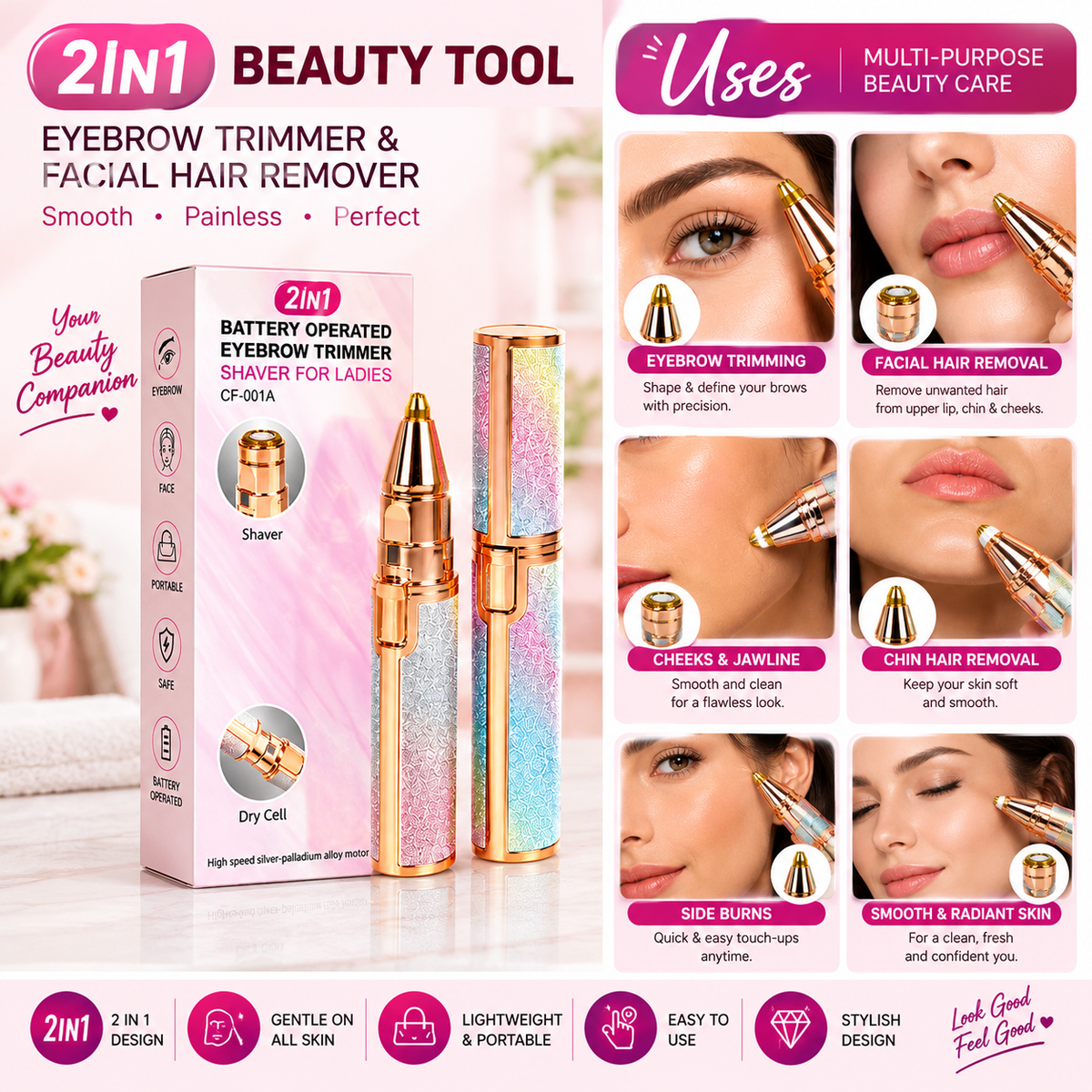 2-in-1 Battery-Operated Eyebrow Trimmer &amp; Facial Hair Remover for Women – CF-001A