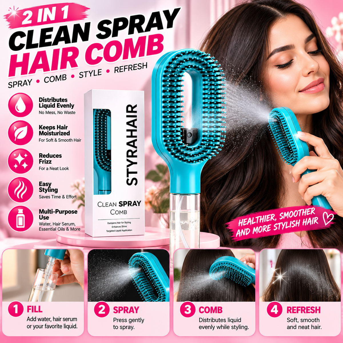 2-in-1 Spray Massage Comb for Hair Detangling &amp; Scalp Care