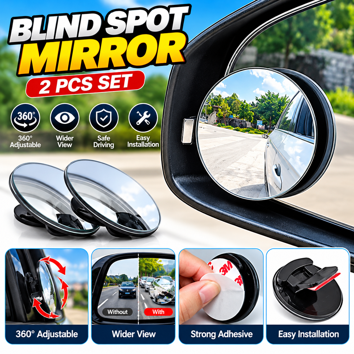 Car Reverse Auxiliary Rearview Mirror – 360° Adjustable Convex Blind Spot Mirror