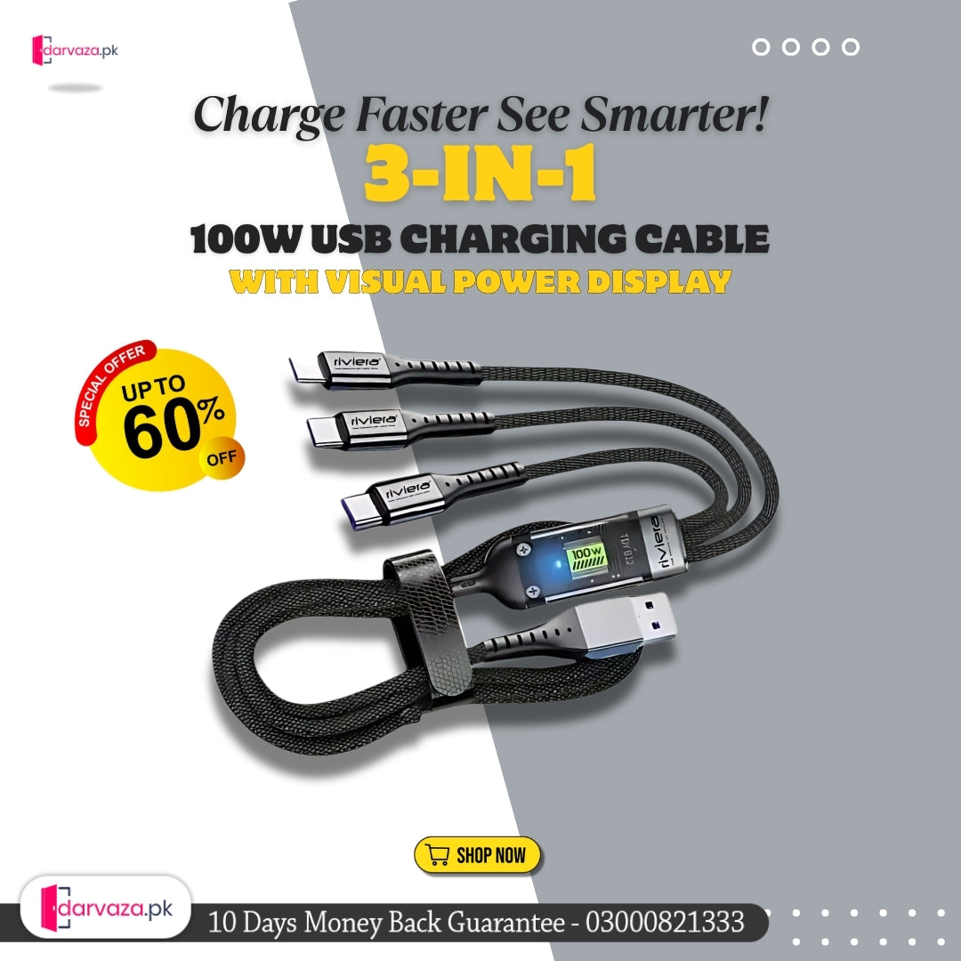 3-in-1 100W Fast Charging USB Cable with Digital Power Display