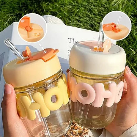 Cute Straw Cup with Insulated Glass Design for Home & Office Use