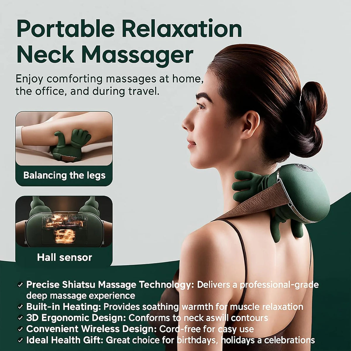 Hand Shoulder & Neck Massager with Heat | Portable Bionic Shiatsu Pain Relief