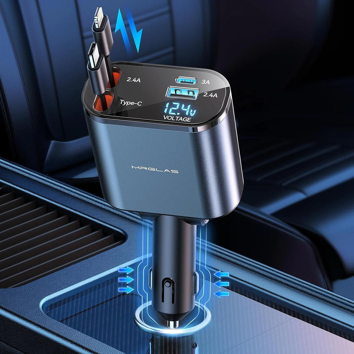 4-in-1 Retractable 120W Super Fast Car Phone Charger Adapter