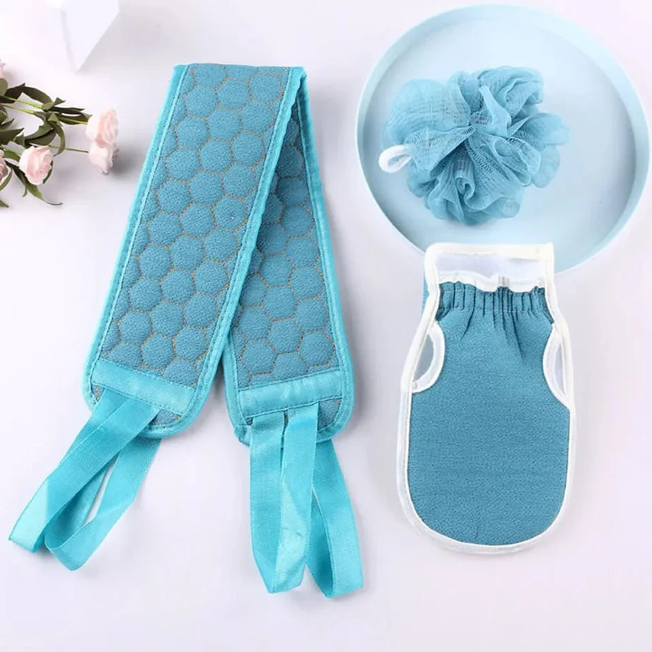 3 Pcs Shower & Bath Kit with Gloves Brush Shower Ball & Back Scrubber