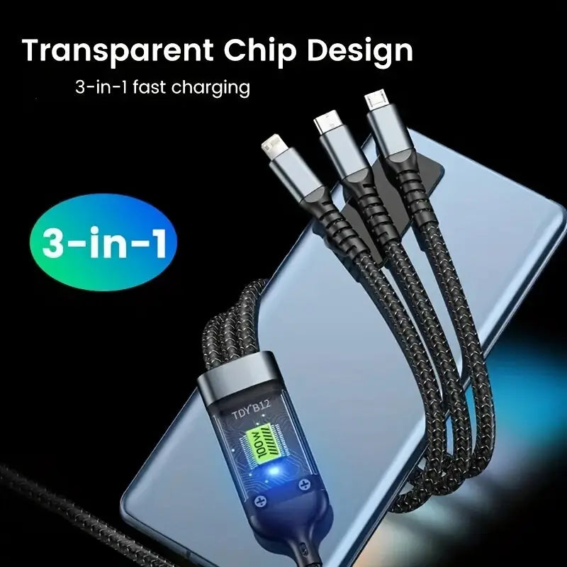 3-in-1 100W Fast Charging USB Cable with Digital Power Display