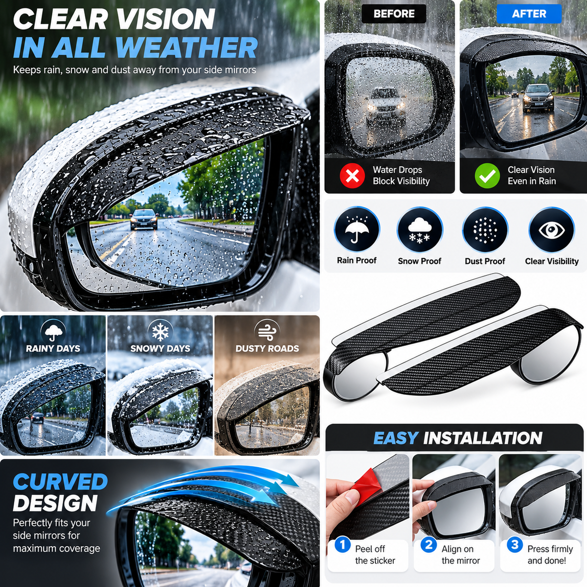 Car Blind Spot Mirrors &amp; Side Mirror Rain Covers – Carbon Fiber Black, 1 Pair