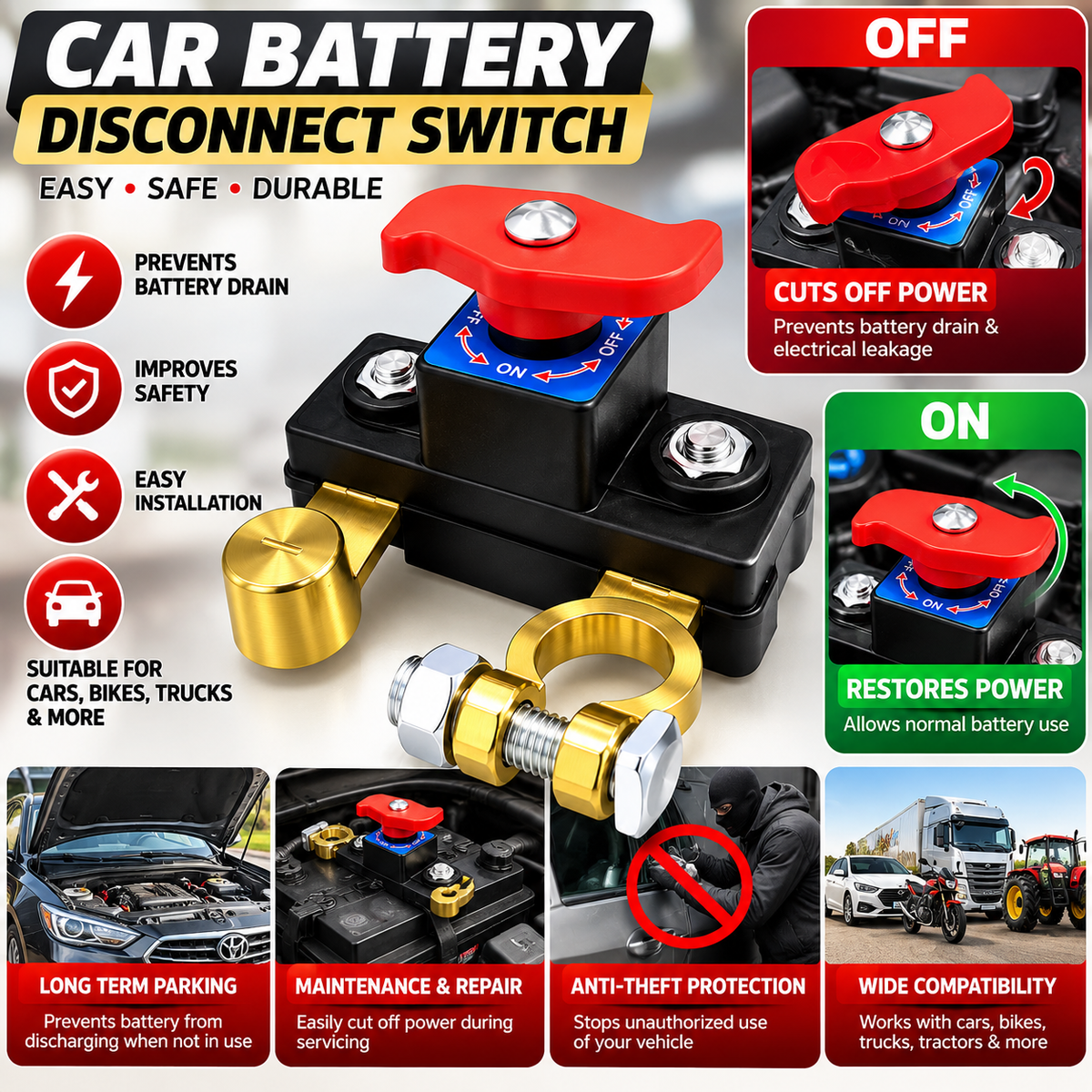 12V/24V Battery Disconnect Switch – Pure Copper Manual Rotary Cut-Off Switch