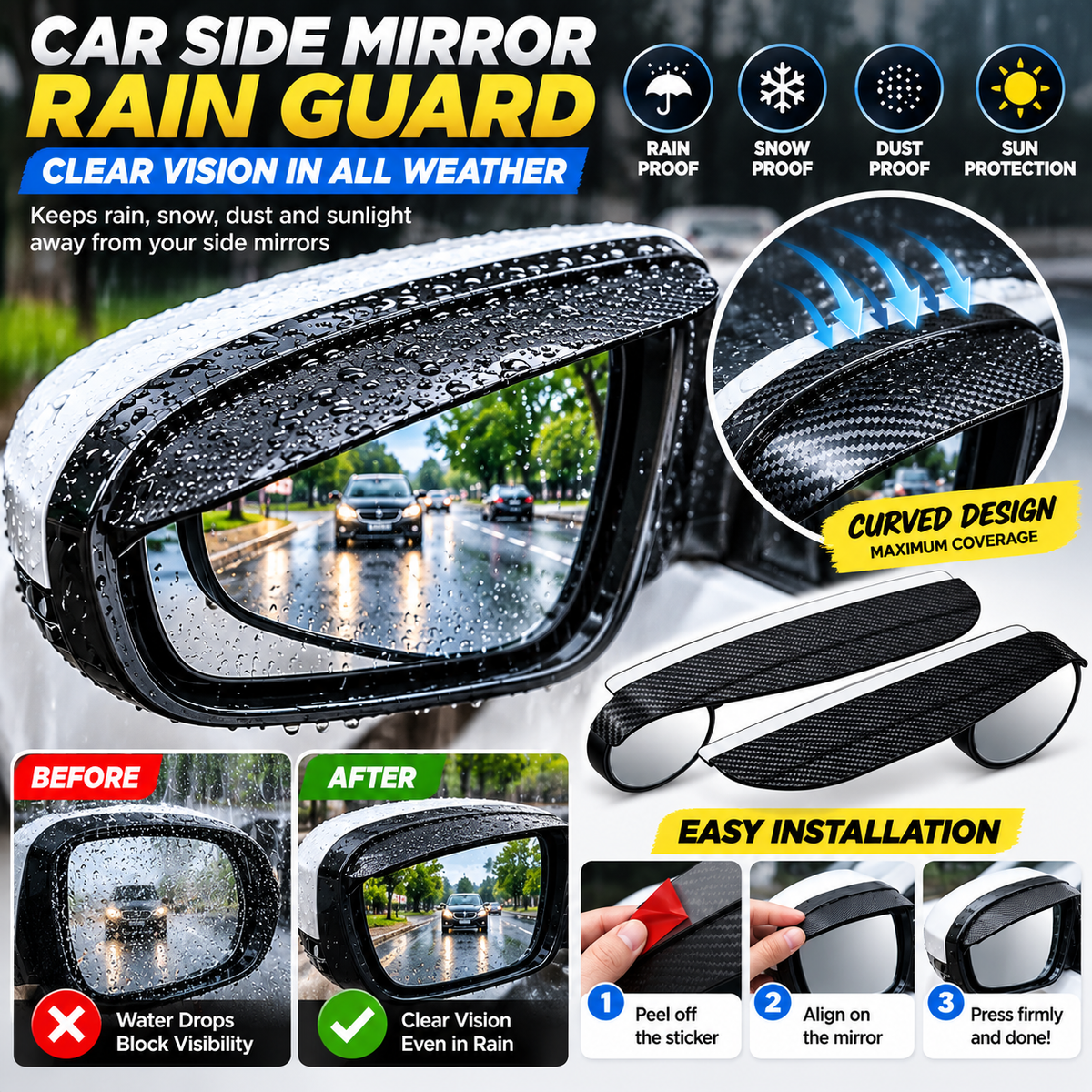 Car Blind Spot Mirrors &amp; Side Mirror Rain Covers – Carbon Fiber Black, 1 Pair