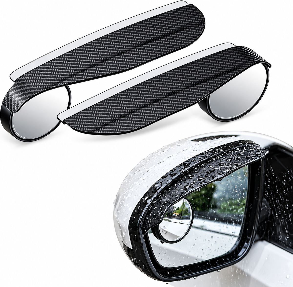 Car Blind Spot Mirrors &amp; Side Mirror Rain Covers – Carbon Fiber Black, 1 Pair