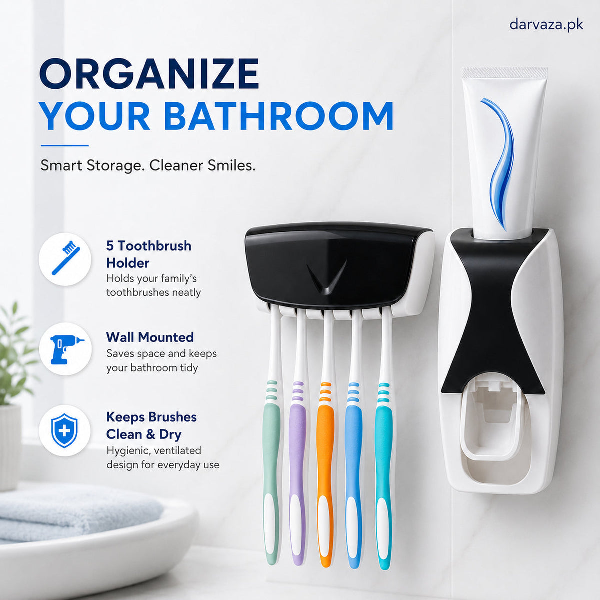 Automatic Toothpaste Dispenser Squeezer Hands Free Set and 5 Toothbrush Holder