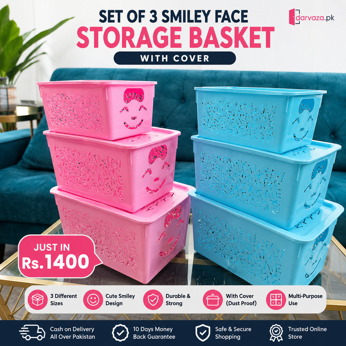 Set of 3 Smiley Face Storage Basket With Cover