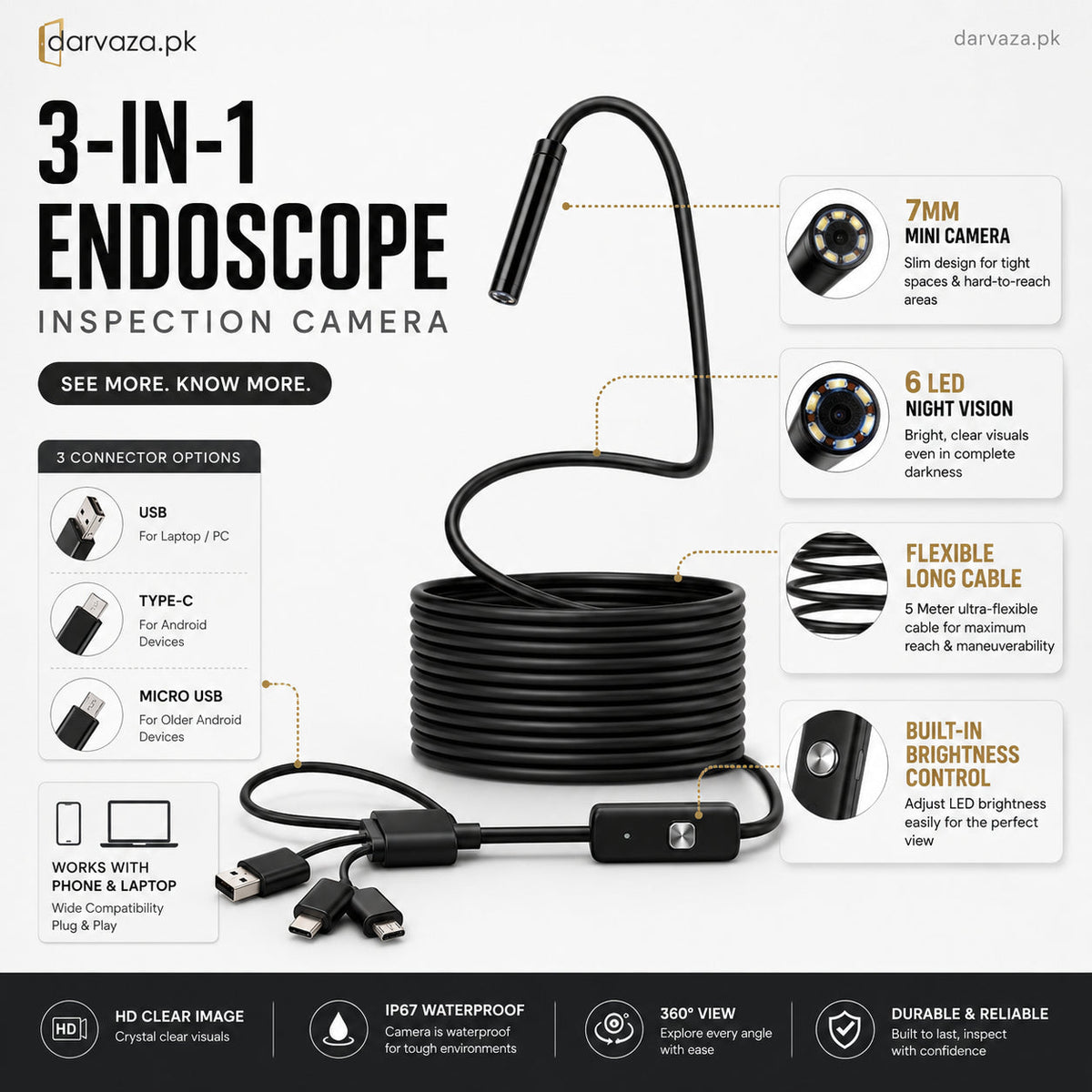 Waterproof Endoscope Camera for Inspection With 6 LED and Soft Cable