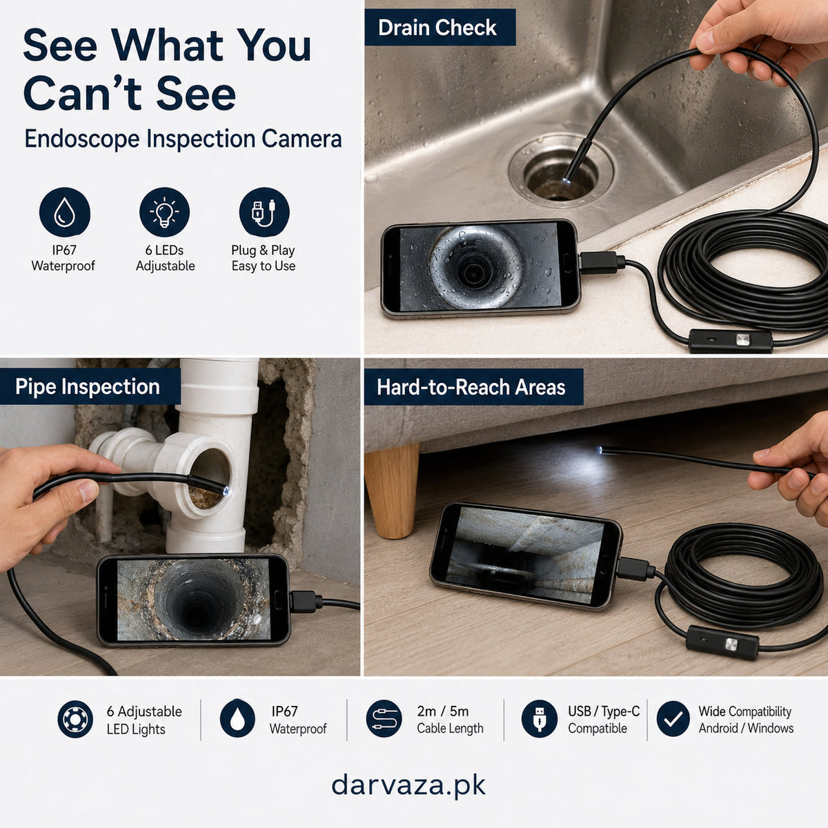 Waterproof Endoscope Camera for Inspection With 6 LED and Soft Cable