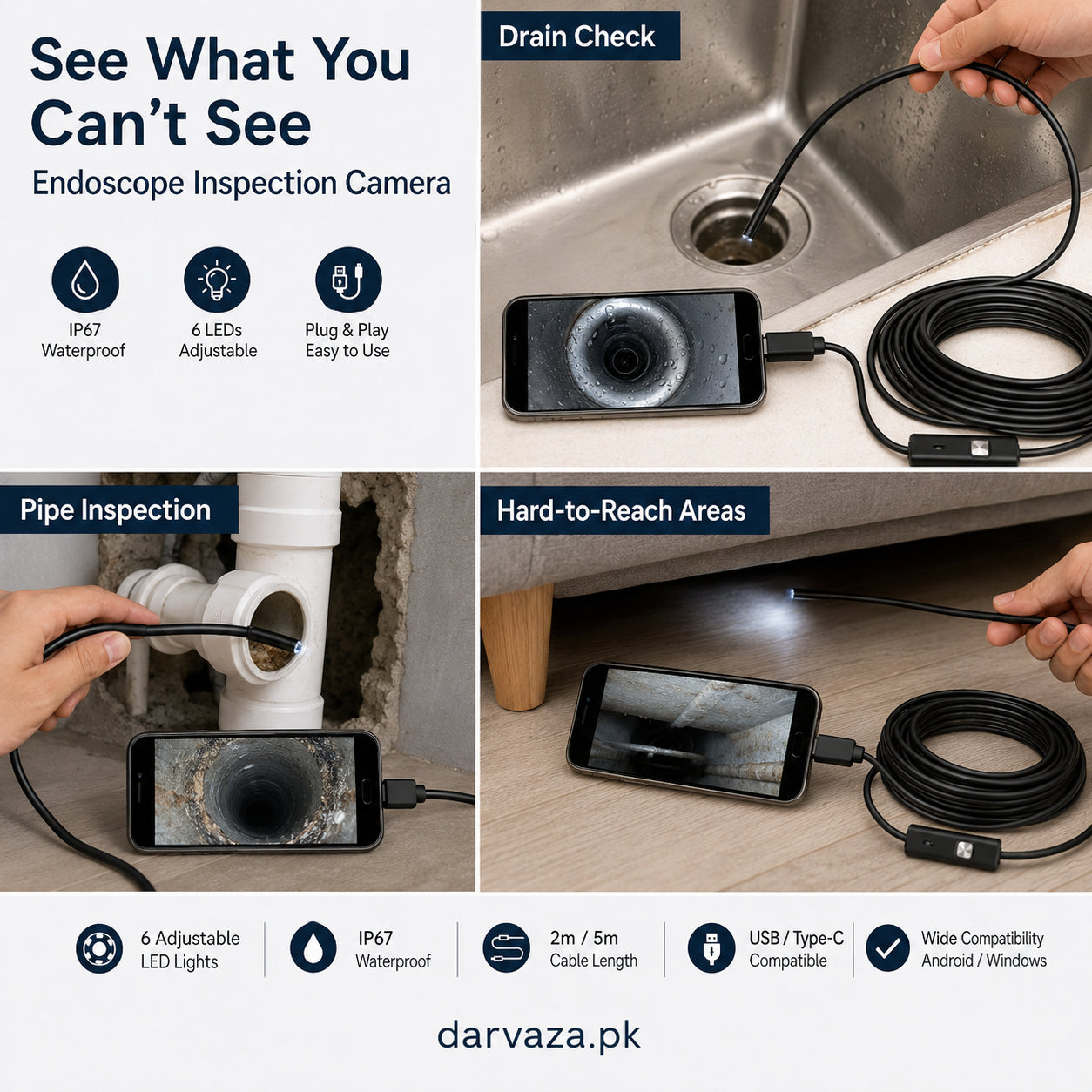 Waterproof Endoscope Camera for Inspection With 6 LED and Soft Cable