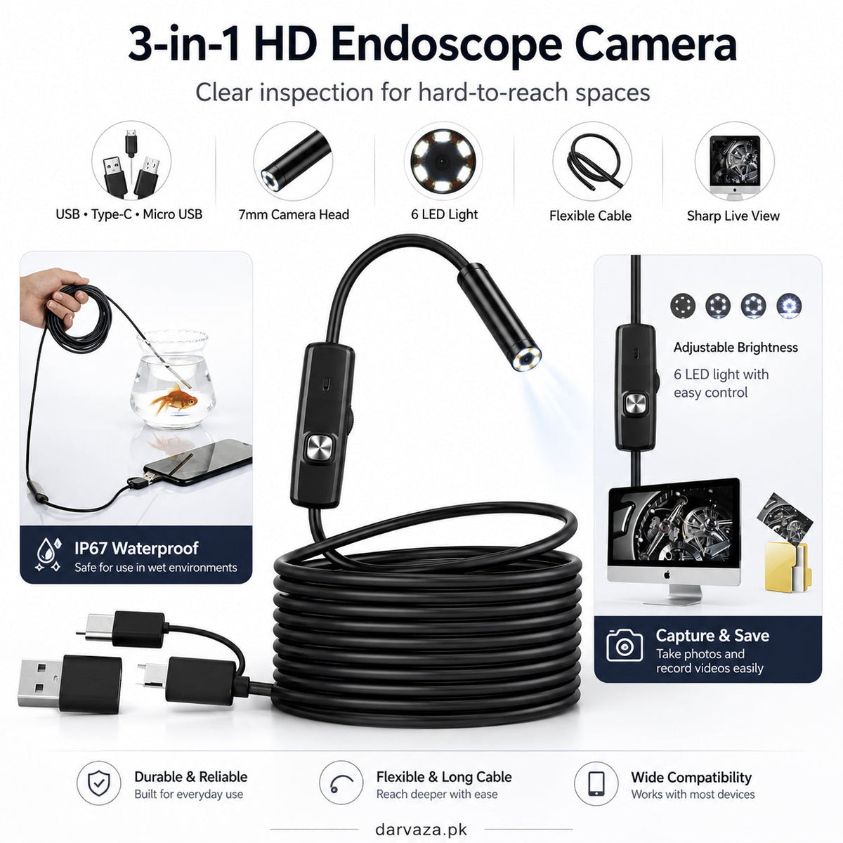 Waterproof Endoscope Camera for Inspection With 6 LED and Soft Cable