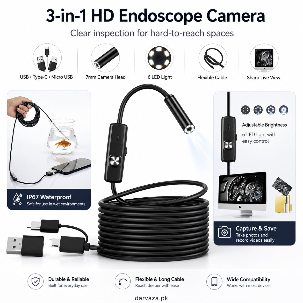 Waterproof Endoscope Camera for Inspection With 6 LED and Soft Cable