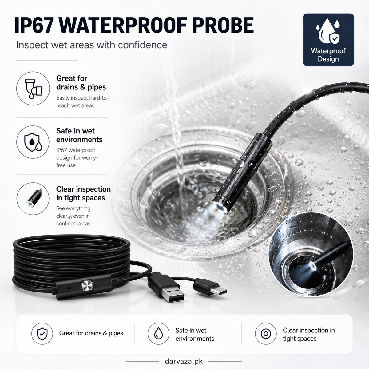Waterproof Endoscope Camera for Inspection With 6 LED and Soft Cable