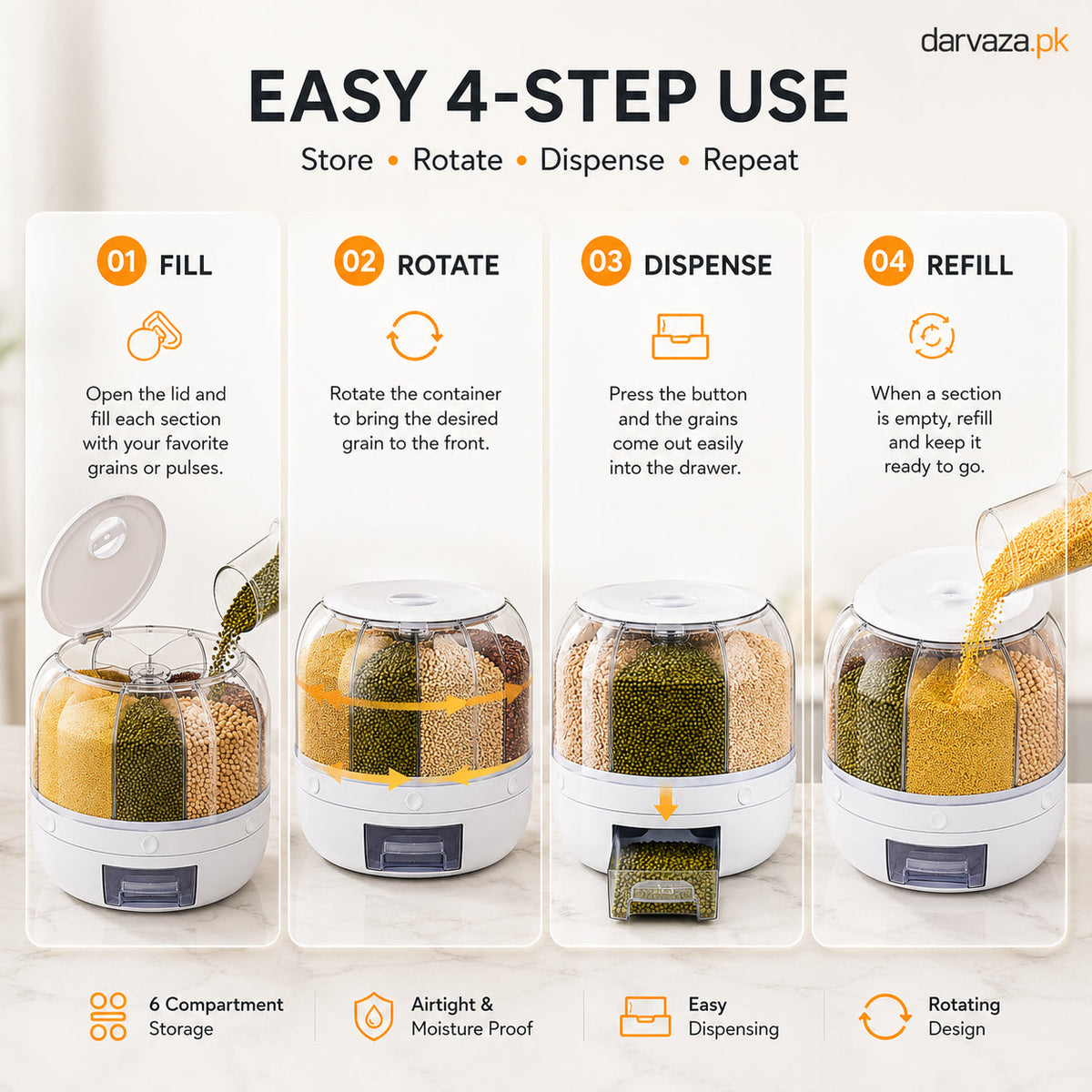 6 Grid Rotating Airtight Grain and Rice Container
