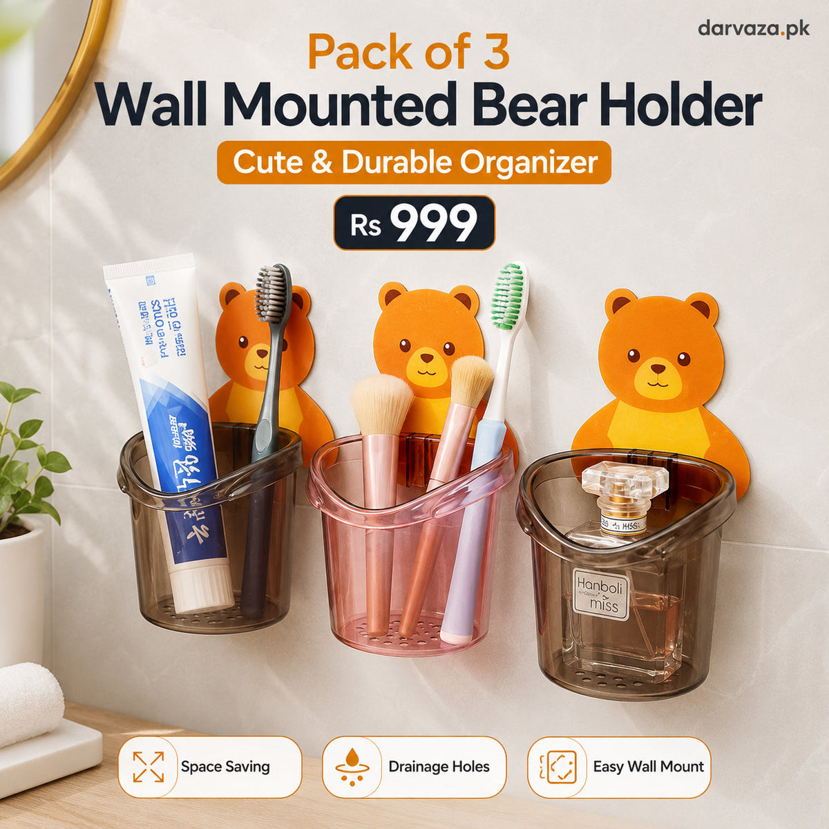 Pack of 3 Wall Mounted Bear Holder – Cute & Durable Organizer