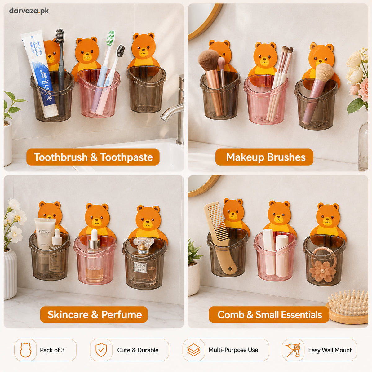 Pack of 3 Wall Mounted Bear Holder – Cute & Durable Organizer