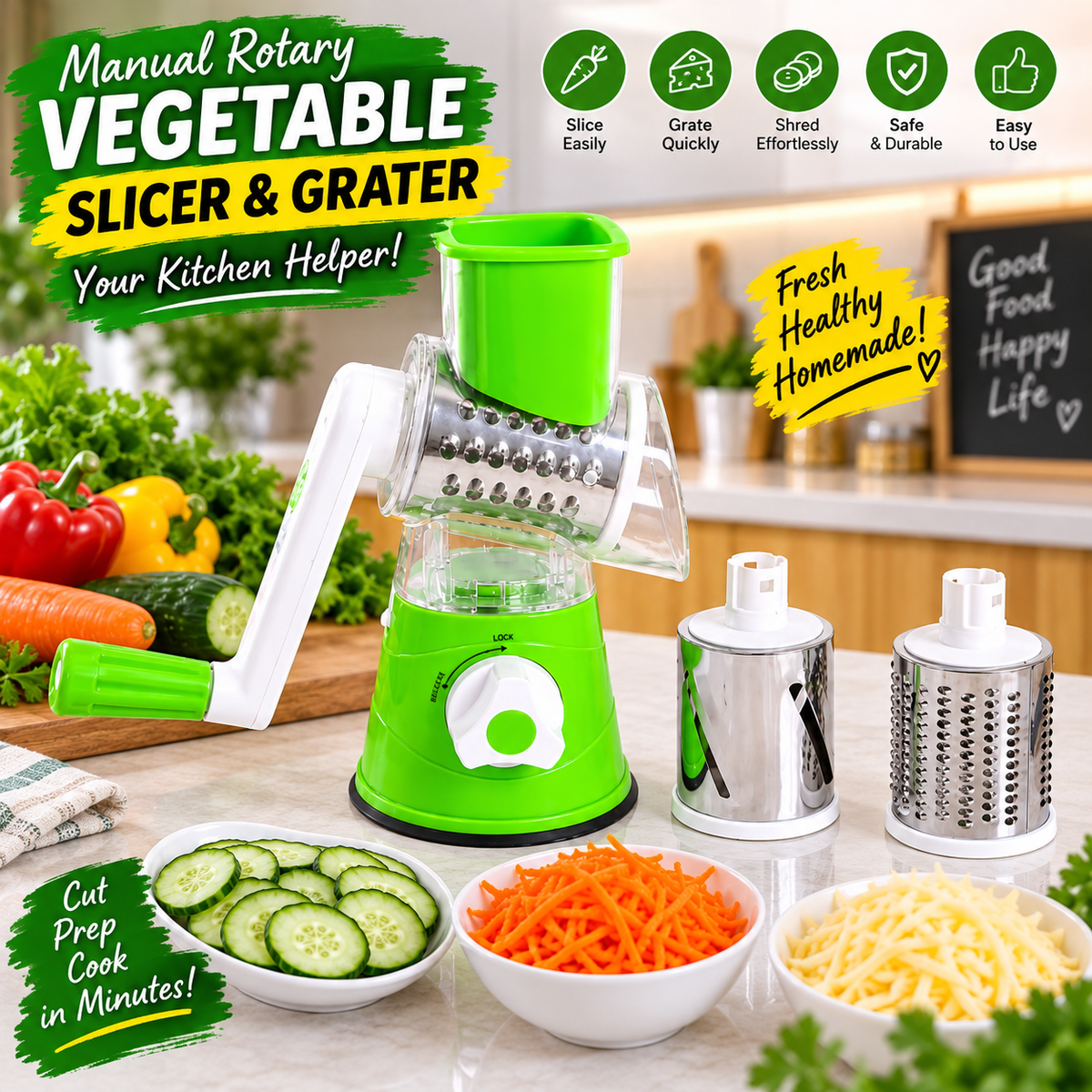 Manual Rotary Vegetable Slicer, Grater & Shredder
