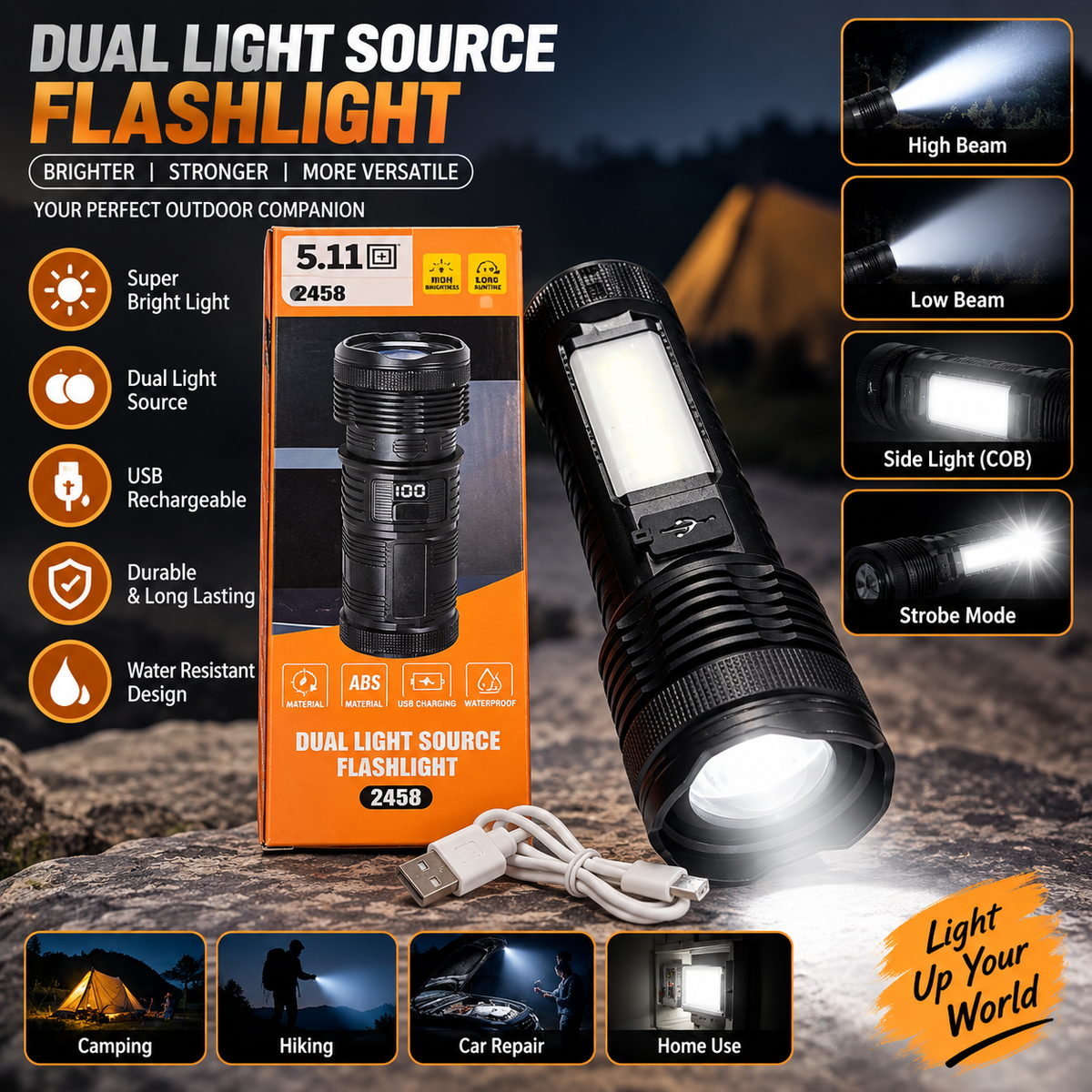 Dual light source USB rechargeable flashlight