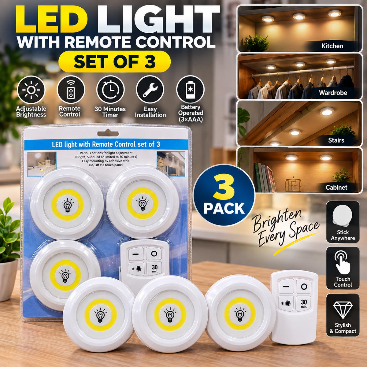 Wireless LED Puck Lights with Remote Control – Set of 3
