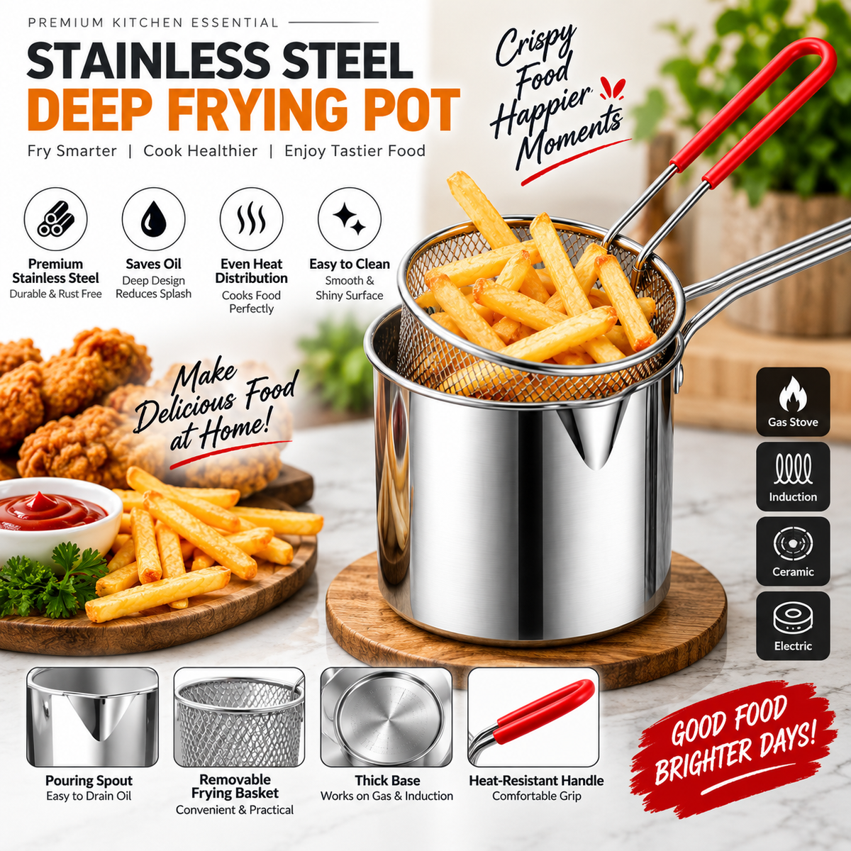 Premium Stainless Steel Deep Frying Pot with Removable Frying Basket
