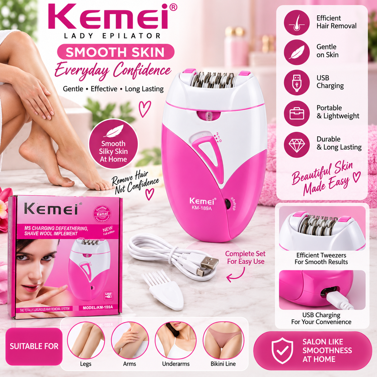 Kemei KM-189A Lady Epilator – USB Rechargeable Hair Remover
