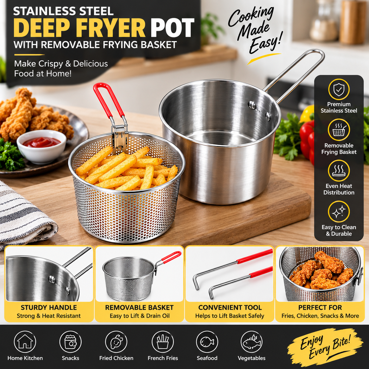 Stainless Steel Deep Fryer Pot with Removable Frying Basket & Handle Lifter