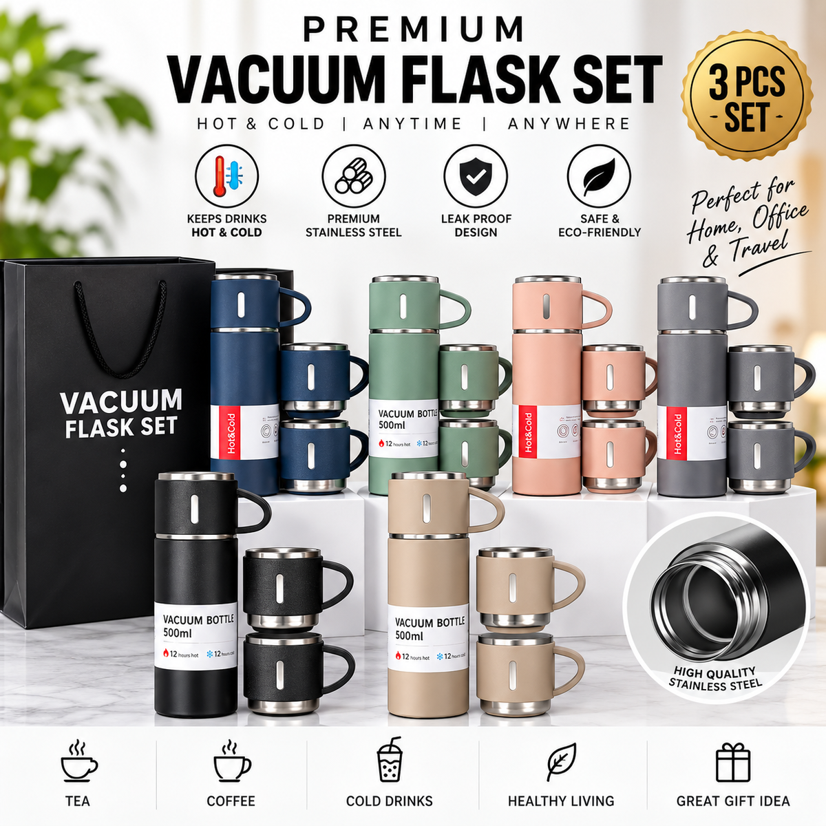 Premium Vacuum Flask Set – Stay Hot, Stay Cold