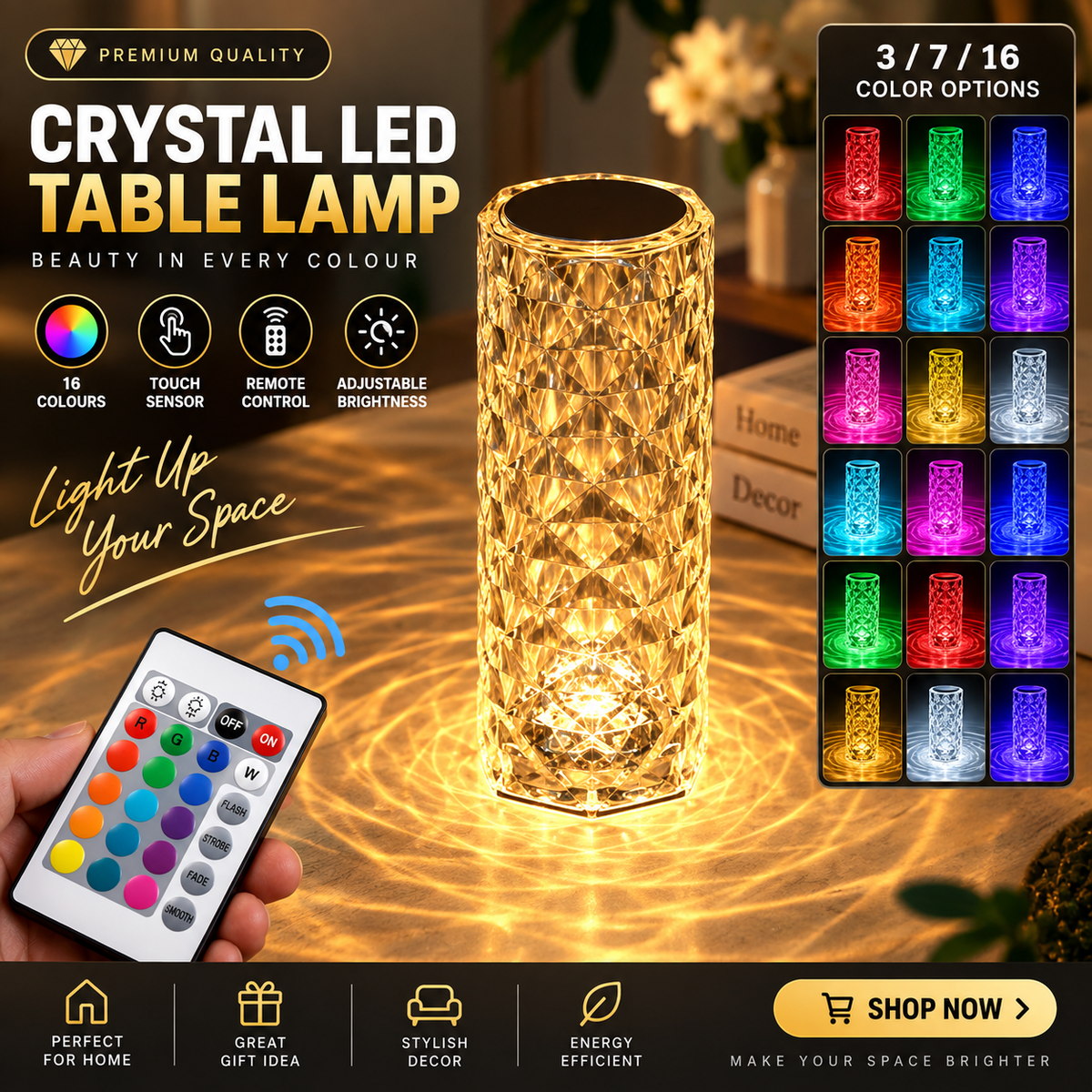 Crystal LED Table Lamp – 16 Color RGB | Touch & Remote Control