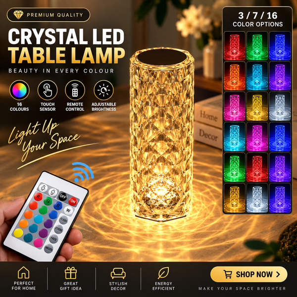 Crystal LED table lamp with RGB colours and remote