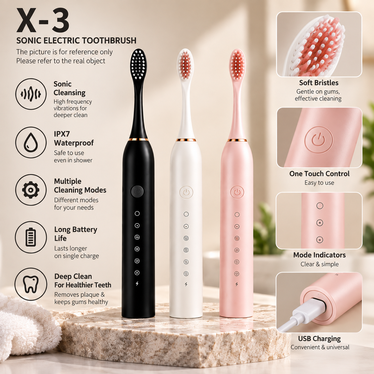 X-3 Sonic Electric Toothbrush | IPX7 Waterproof | Multiple Cleaning Modes | Rechargeable Deep-Cleaning Toothbrush
