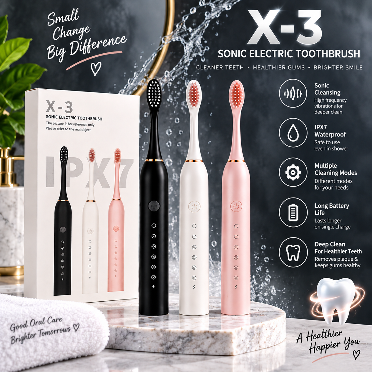 X-3 Sonic Electric Toothbrush | IPX7 Waterproof | Multiple Cleaning Modes | Rechargeable Deep-Cleaning Toothbrush