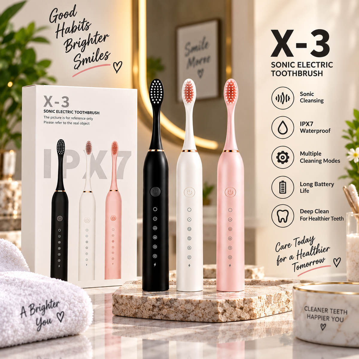 X-3 Sonic Electric Toothbrush | IPX7 Waterproof | Multiple Cleaning Modes | Rechargeable Deep-Cleaning Toothbrush