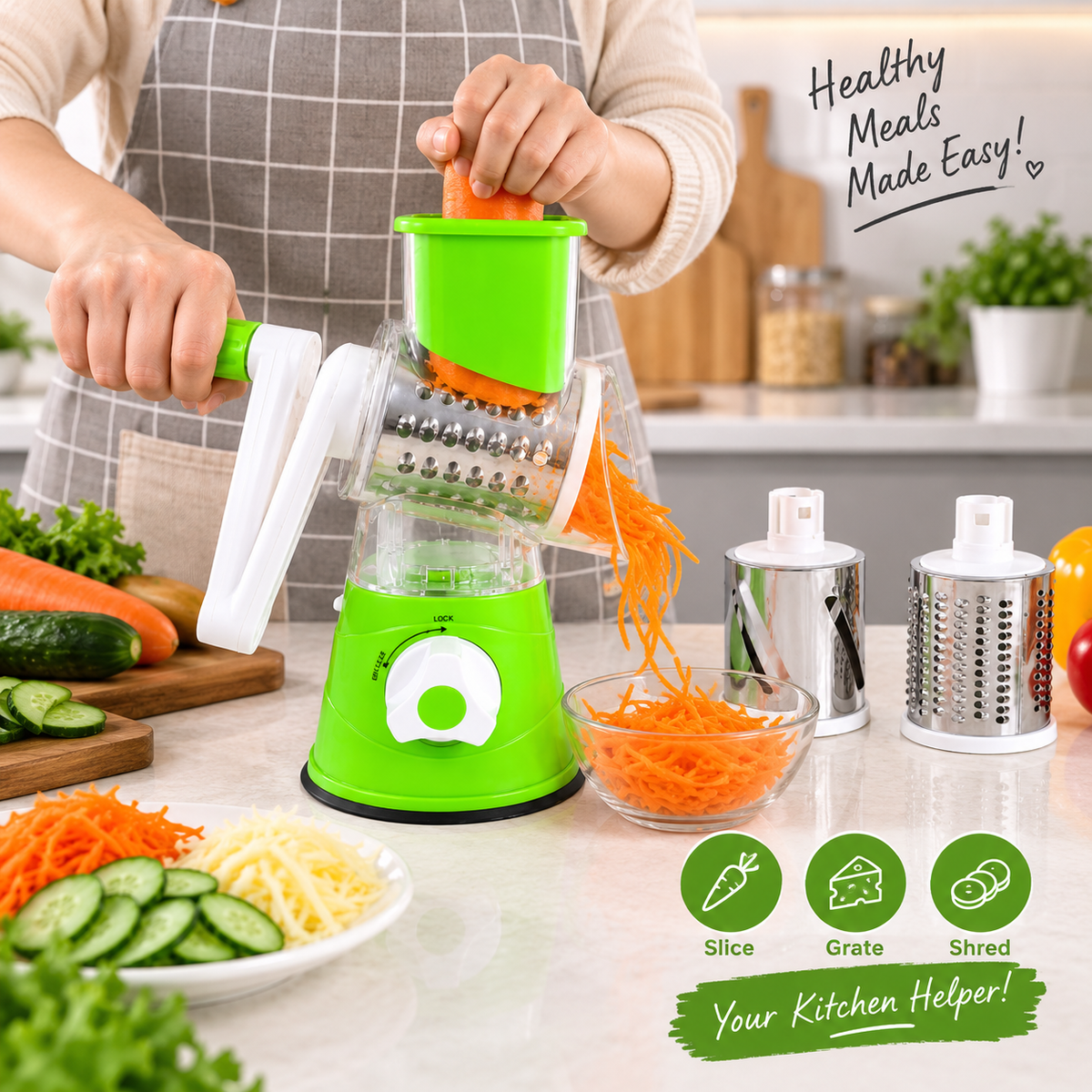 Manual Rotary Vegetable Slicer, Grater & Shredder – 3 Interchangeable Stainless Steel Drums