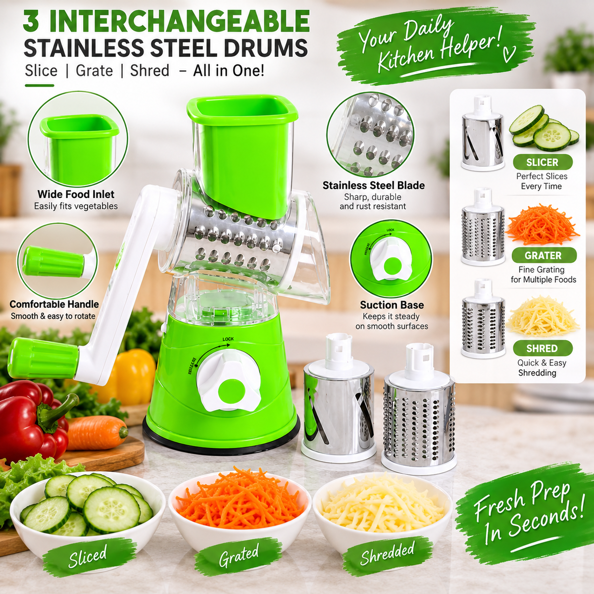Manual Rotary Vegetable Slicer, Grater & Shredder – 3 Interchangeable Stainless Steel Drums
