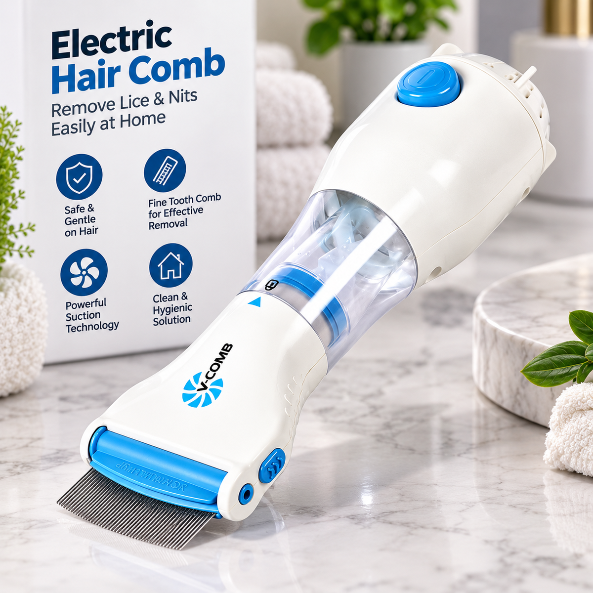 Electric Lice & Nit Removal Comb – Fine-Tooth Hair Comb with Suction Collection Chamber | Easy At-Home Hair Care