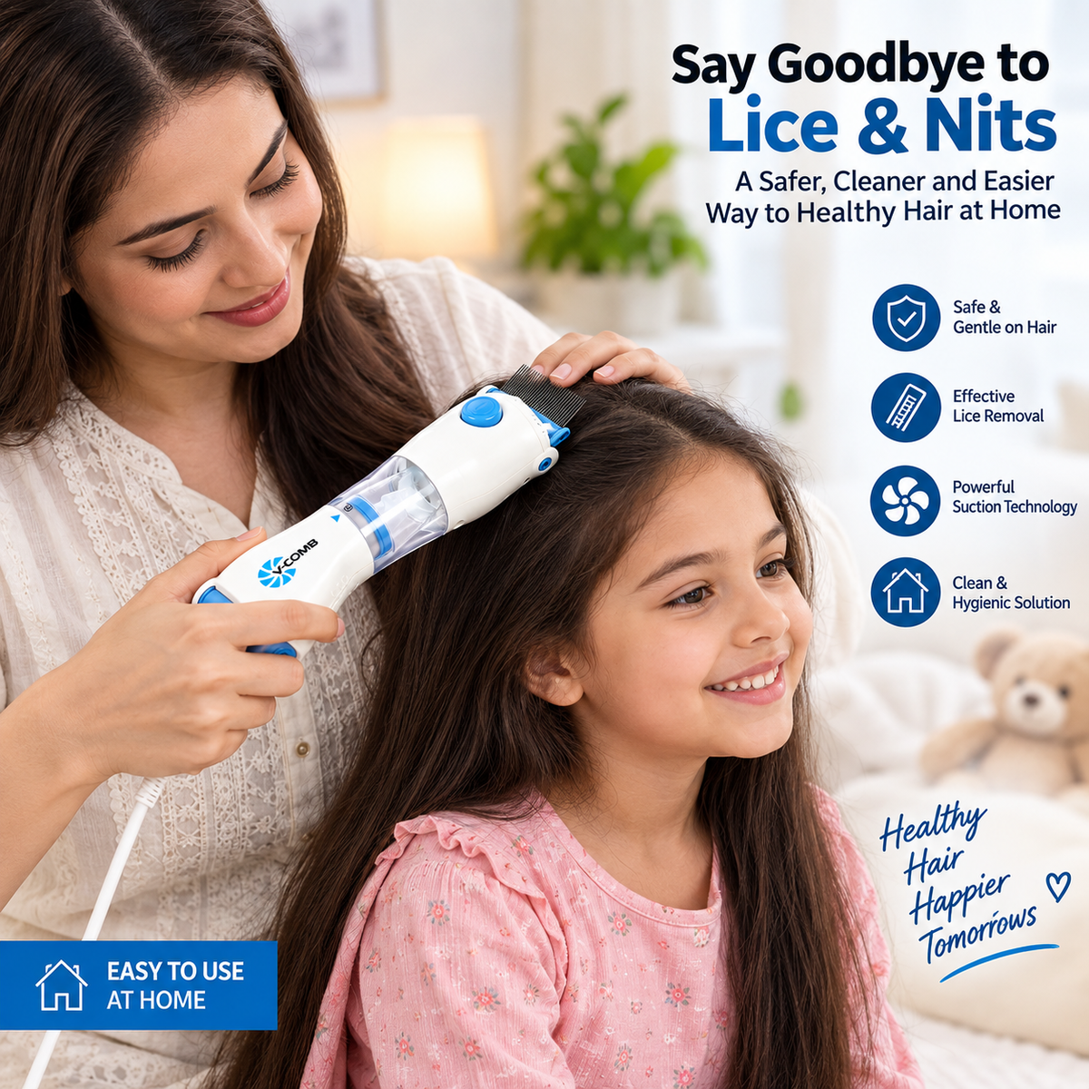 Electric Lice & Nit Removal Comb – Fine-Tooth Hair Comb with Suction Collection Chamber | Easy At-Home Hair Care