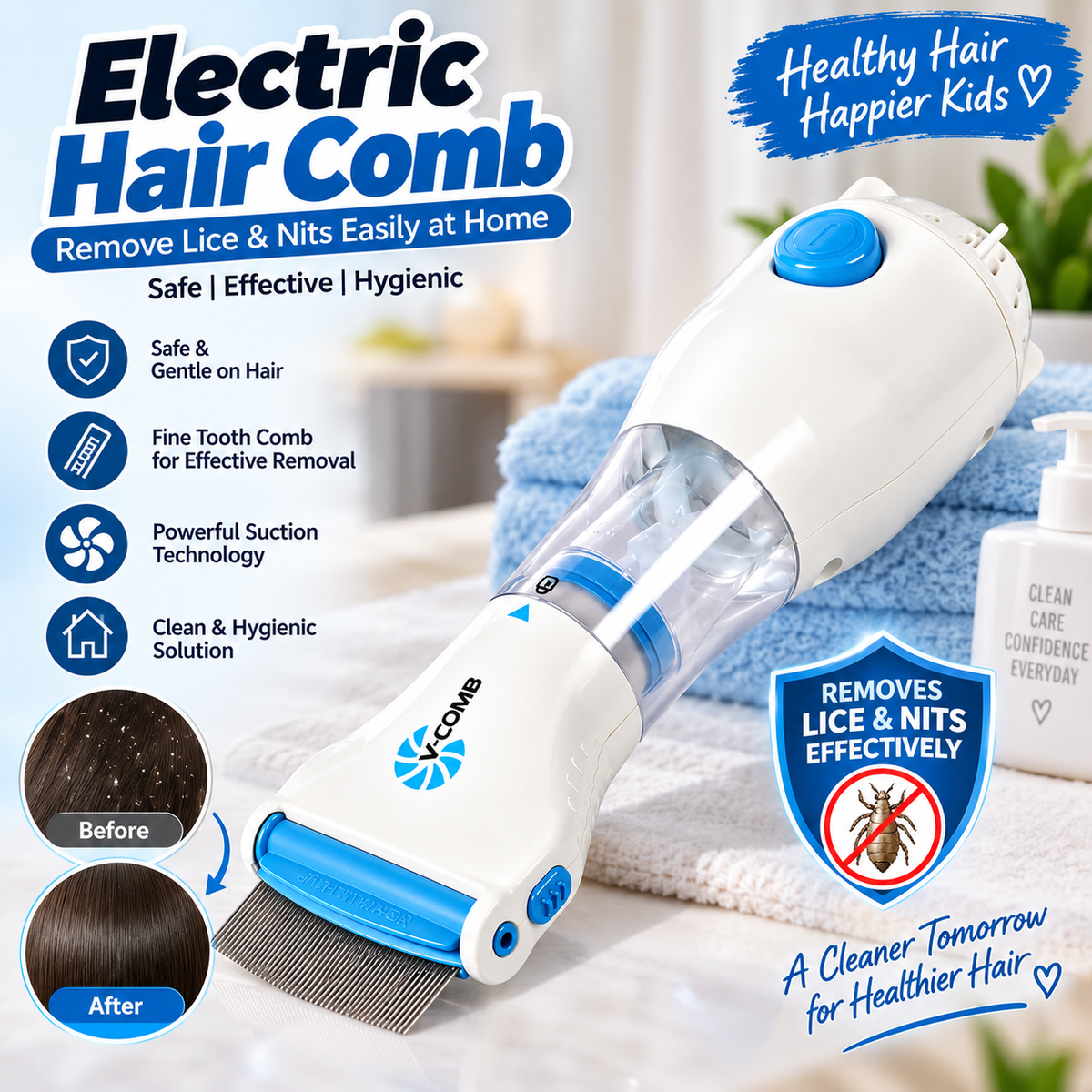 Electric Lice & Nit Removal Comb – Fine-Tooth Hair Comb with Suction Collection Chamber | Easy At-Home Hair Care