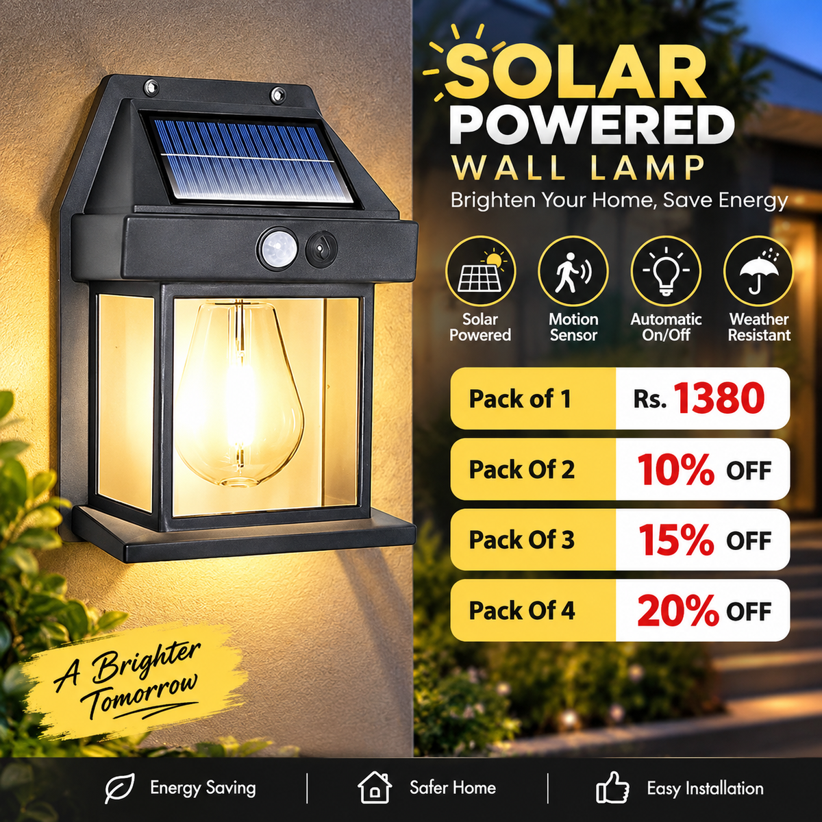 Solar Powered Wall Light with Motion Sensor – Outdoor LED Lantern | Automatic Night Light