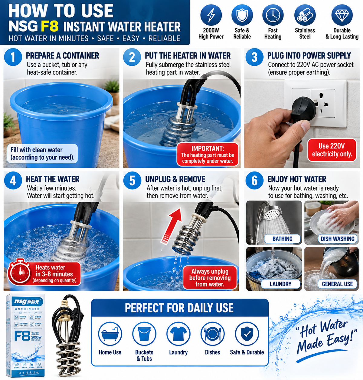 2000W Stainless Steel Immersion Water Heater
