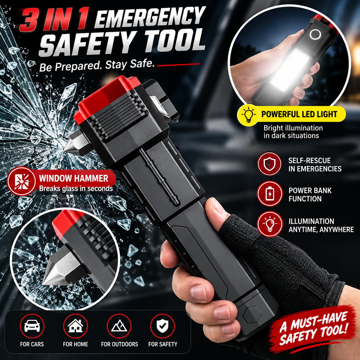 Emergency Safety Tool – Window Breaker, Seatbelt Cutter & LED Flashlight