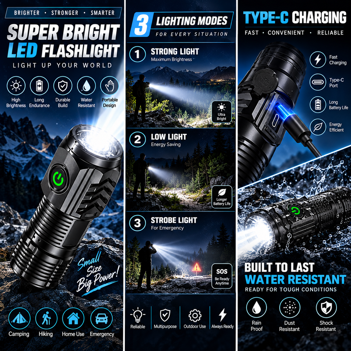 Powerful LED Flashlight – Ultra Bright Rechargeable Torch with Type-C Charging & 3 Lighting Modes