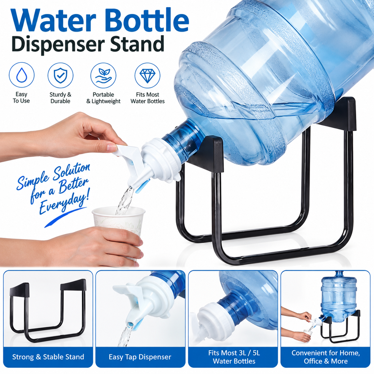 Premium Water Bottle Dispenser Stand – Sturdy 3L/5L Bottle Holder with Easy Tap